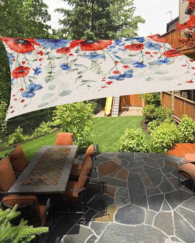 Waterproof Sun Shade Sail Independence Day Poppies with Eucalyptus Leaves Beige Outdoor Patio Sun Shades Canopy UV Block Water Resistant Sunshade for Garden Backyard Deck Pergola 14x18 Ft