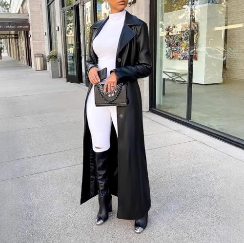 watersouprty Women's Long PU leather Slim Cardigan Vintage Outerwear Maxi Long Sleeve Blazers Coat3