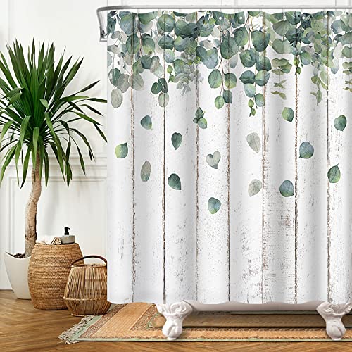 SDOTPMT 152x183cm Eucalyptus Green Leaves Shower Curtain Grey Wooden Plank Floor Natural Botanical Plants Spring Rural Farmhouse Bath Curtain Fabric Polyester Bathroom Curtain With Hooks - Image 3