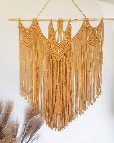 CBXSF Gran Pared Colgante Macramé Decoración de Paredes Bohemias Tapiz de Macramé Encima de la Cabecera Tapices Tejidostelón de Fondo de Boda de Macramé,90cm (Anchura) X 90cm (Longitud),Amarillo Cover