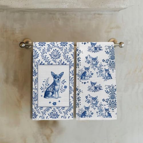 Image of Chinoiserie Chihuahua Kitchen & Hand Towels Set of 2, Blue and White Floral Dog Dish & Tea Towels for Kitchen Bathroom Decor, Vintage Toile Dog Lover Gifts for Women 16x24 Inch