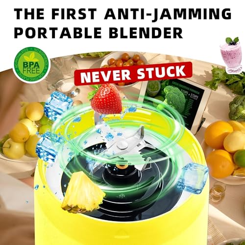 Portable Blender, Anti-Jamming 300 Watt for Shakes and Smoothies, 24oz Travel Blender USB Rechargeable, BPA Free Sporty bottle with a Travel Lid. (Black Base Grey Lid) (Yellow Base Green Lid)