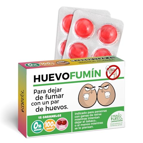 Caramelos de broma HUEVOFUMIN | Blíster con 12 caramelos sin azúcar sabor cereza | Regalo original y divertido para fiestas, amigos, familia… ¿dejar de fumar?