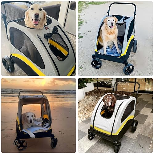 BingoPaw Schwerlast Hundewagen große Hunde: klappbar Hundebuggy bis 42kg, Hundekinderwagen mit 4 Rädern, 3 Netzfenstern, Verstellbarer Griff