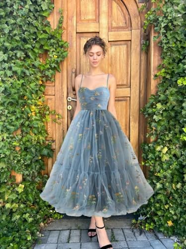 Flower Embroidery Prom Dresses Tulle Ball Gown Spaghetti Straps Tea Length Formal Party Dress with Pockets3
