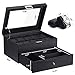 BEWISHOME Watch Box Organizer with Valet Drawer - Real Glass Top, Metal Hinge, Large Holder, Black Carbon Fiber Faux Leather - 10 Slots Watch Storage Case Jewelry Box for Men SSH14C