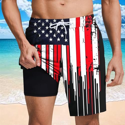 Mens American Flag Swim Trunks with Compression Liner and Pockets USA 4th of July Patriotic 2 in 1 Beach Board Shorts2