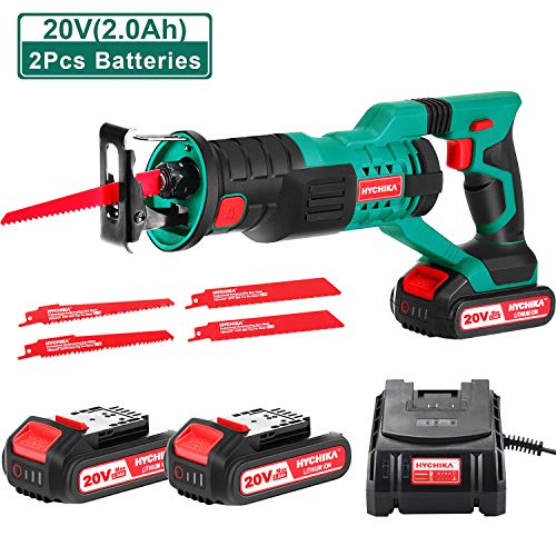 HYCHIKA Cordless Reciprocating Saw 20V 2Ah 2 Batteries 4 Saw Blades, 0-2800SPM Variable