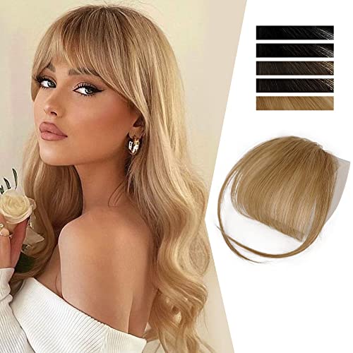 CHRSHN Clip in Bangs for Women 100% Human Hair Extensions Hairpieces Fringe Air Bangs Wispy Bangs Fringe with Temples Clip on Curved Bangs for Daily Wear（Strawberry Blonde）