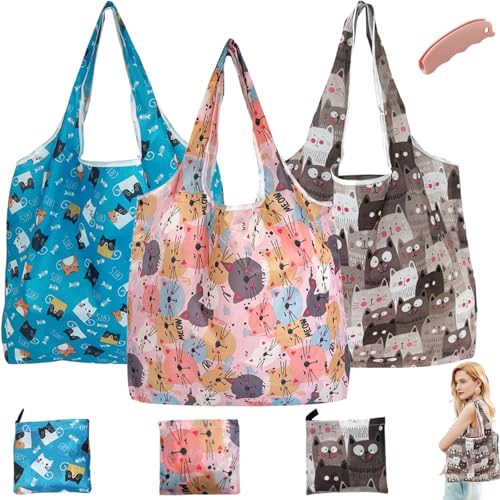 ZenyTra Juego de 3 bolsas de la compra plegables (60 x 46 cm) con asa, impermeables y ligeras, de nailon, grandes bolsas reutilizables para supermercado, playa y viajes