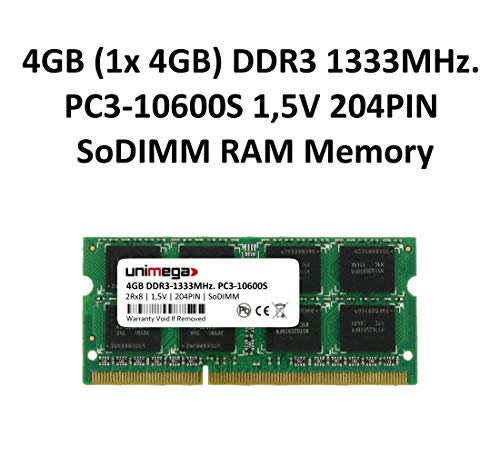 unimega - Memoria RAM da 4 GB (1 x 4 GB) DDR3 1333 MHz PC3-10600S SoDIMM 204 PIN 1,5 V per PC portatile