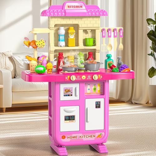 MSKOLER 36 in Kids Kitchen Playset for Ages 3-6 4-8, Play Kitchen with Light, Sound and Spraying, Sink Toy Accessories, Cooking Stoves, Pretend Food Toys for Toddlers 3-5 Boys Girls 6-12 (Pink)