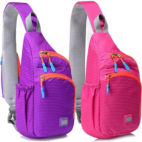 Peicees Small&Small Sling Backpack Waterproof Unisex Shoulder Bag Chest Crossbody Daypack, Pack of 2 Purple&Pink