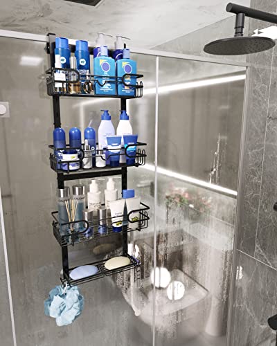 Consumest 4 Tier Over The Door Shower Caddy With Soap Holder, Adjustable Shower Organizer Hanging Shower Shelf With 22 Hooks, Rustproof Stainless Steel Hanging Shower Caddy For Bathroom, Black #TOP1