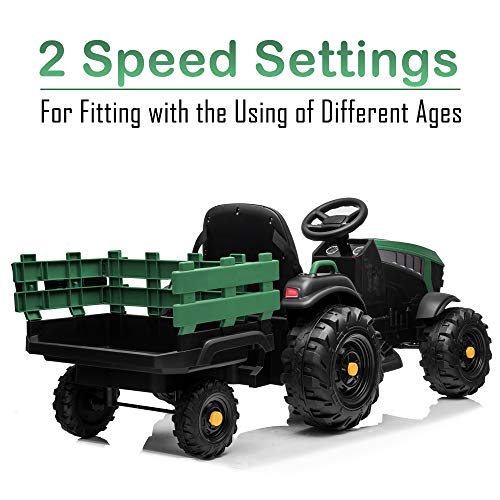 VALUE BOX Extra Larger 12V Ride on Tractor with Trailer, Battery Powered Electric Agricultural Vehicle Toy Car Ground Loader w/ 2 Speeds, Detachable Wagon, Shovel, LED Lights, MP3 player, Radio, Green