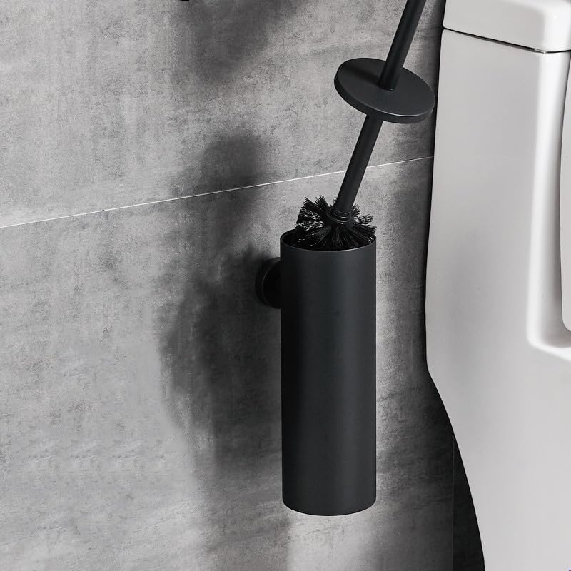 Image of Toilet Brush and Holder Set Stainless Steel Toilet Bowl Cleaners Brush and Holder Wall Mount or Free Standing with Lid Bathroom Accessories Brush Head Replaceable Stylish Modern Design (Matte Black)