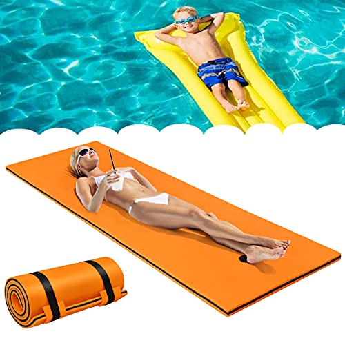 RELAX4LIFE 210x66cm Colchoneta Flotante para Piscina con Cuerda de Fijación, Tumbona de Agua Enrollable de 3 Capas de Espuma XPE, Esterilla Flotante para Descanso y Relajación, Carga 70kg (Naranja)