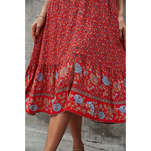 Image of BROVAVE Women Summer Bohemian Floral Print V Neck Sleeveless Sundress Flowy Casual Midi Dress