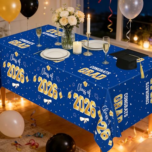 Image of QZYL 4 Pack Graduation Decorations 2026, 54 inch x 108 inch Blue and Gold Disposable Graduation Table Cloths, Grad Party Decorations for Class of 2026, Rectangle Plastic Tablecover for College Congrats Grad