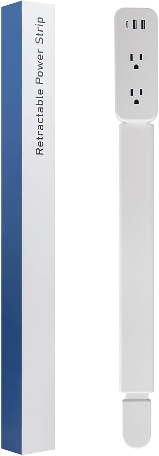 Electrical Outlet Extender Stick - Features USB-A, USB-C and 2 AC Outlets, Extends 22"-34", Rotates 180° Access Hard-to-Reach Outlets, Wall Plug Power Socket Expander Nightstands, Sofa, Desks and More Light White