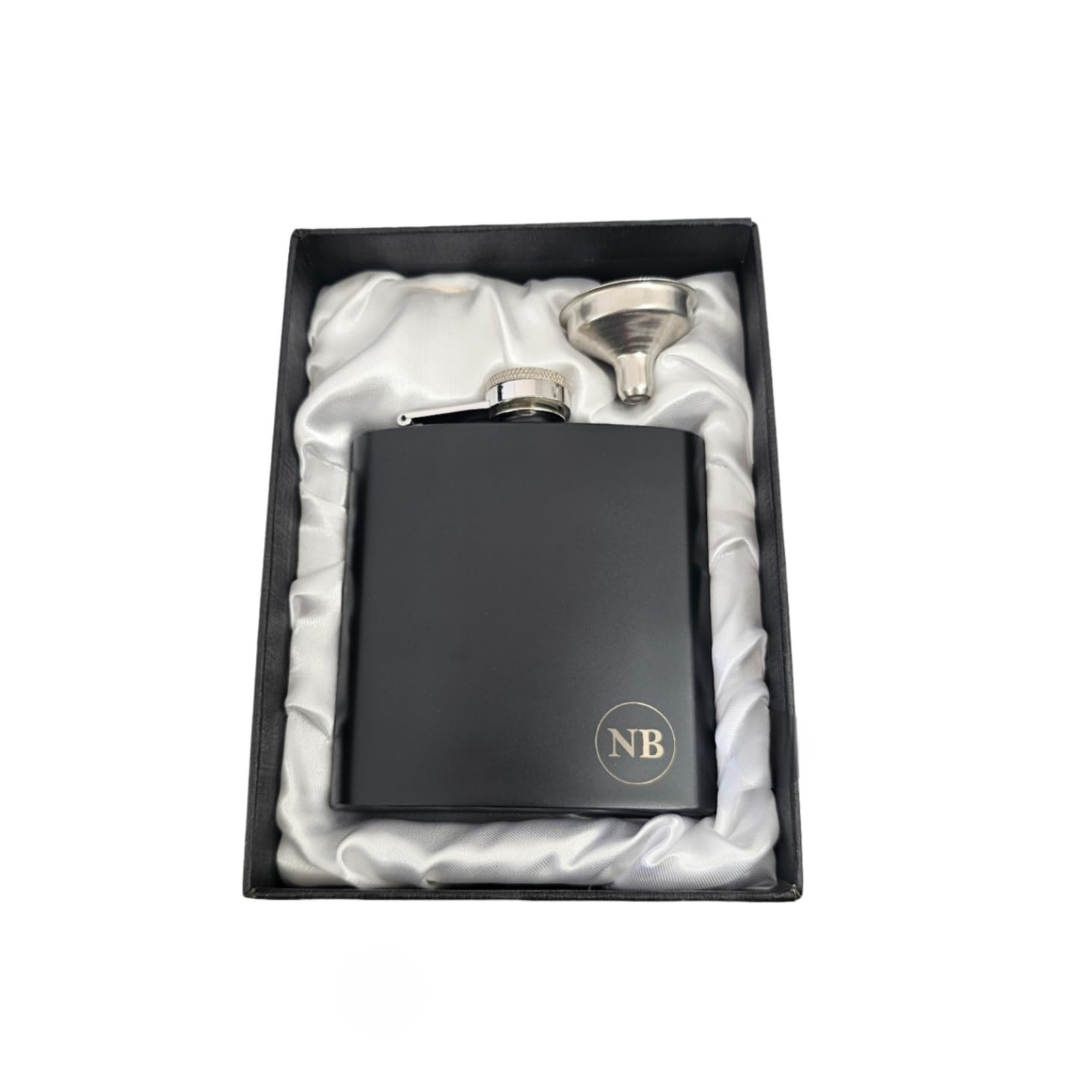 Personalised Hip Flask with Your Name or Initials + Gift Box, Laser Engraved Stainless Steel 6oz Flask and Silk Lined Box. (StyleE)
