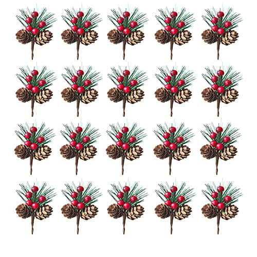ACJRYO 20 Stück rote Beeren-Kiefernzapfen, Stiel, Picks, 8 cm, künstliche Winter-Weihnachtsbeeren, Dekoration für Kunsthandwerk, Weihnachtsgirlande und Feiertagskranz, Ornamente Cover
