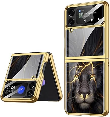 DOOTOO for Samsung Galaxy Z Flip 4 Case Luxury Plating PC 9H Shockproof Glass Crystal All-Inclusive Camera Lens Protector Case for Samsung Galaxy Z Flip 4 5G (Lion)