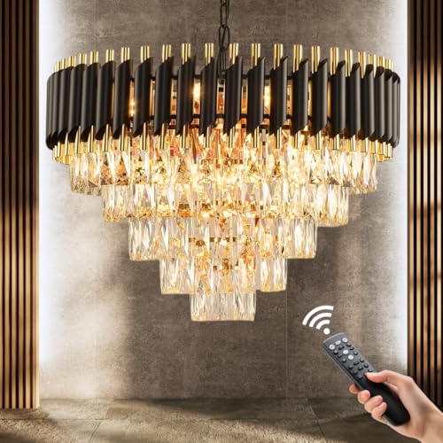 Image of TRIXY Rotating Crystals Chandelier Ceiling Light for Home & Decor | Color Changing LED | 360 Rotatable Crystals | Bluetooth Speaker | Remote Controlled | 5-Tier K9 Crystals, 600MM Black Gold Jhumar
