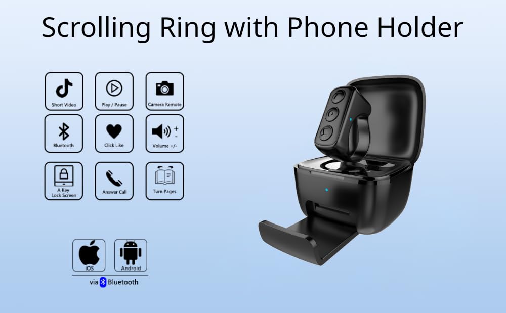 Penstar Mando a distancia para girar páginas, anillo de desplazamiento remoto con funda de carga y soporte para teléfono, girador de página Bluetooth, control remoto de cámara, clicker selfie