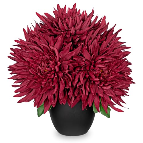 Hollyone Artificial Mums Flowers in Vase Faux Chrysanthemum Silk Flower Potted Plant Fake Plants & Flowers with Pot Floral Arrangements Bouquets Pincushion Spider Mum Flower Home Decor Red