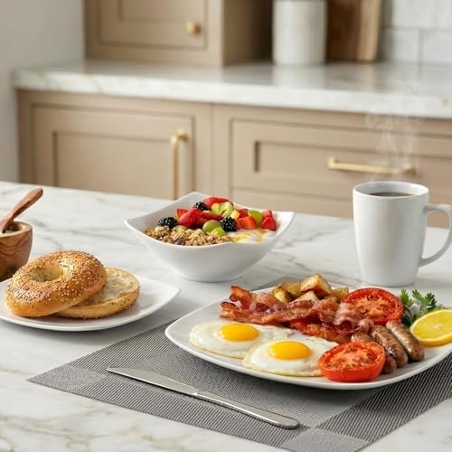 Image of Zulay Kitchen Luna Plates and Bowls Sets, 16 Piece Modern Porcelain Dish Set for 4, Chip and Scratch Resistant Square Dinnerware Set, Microwave and Dishwasher Safe, Pearl White