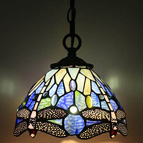 Rhlamps Tiffany Pendant Lighting With W8H7 Inch Navy Blue Stained Glass Dragonfly Style Shade, Vintage Black Metal Hanging Lamp, Luxury Ceiling Fixture For Living Room Bedroom Kitchen Dining Room #TOP3