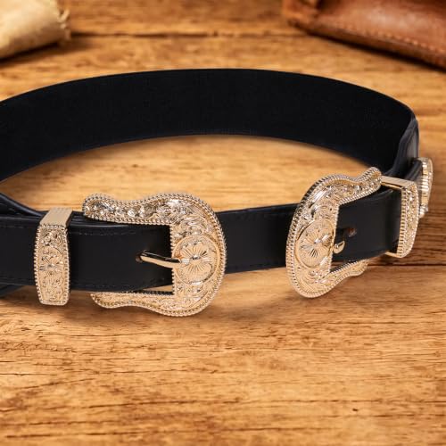 Image of Womens Belt Chain Leather Belts Vintage Western Adjustable Elastic Double Buckle for Cowboy Pant Dress