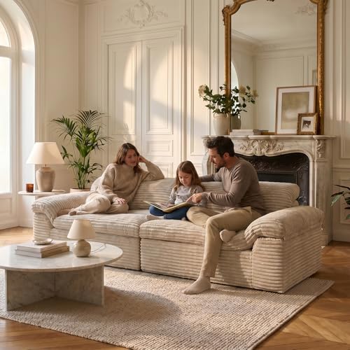 Vesgantti 260cm 3-Sitzer Boneless Sofa, Cloud Cord Sofa mit 64 cm Sitztiefe, Weiches Vollschaum Couch für Wohnzimmer, Modulares Sofa mit Geschwungenen Armlehnen, Keine Montage erforderlich, Cremeweiß