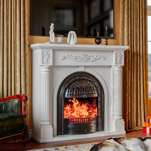 Image of 45 Inch Electric Fireplace with Mantel, Solid Wood Fireplace TV Stand, Roman Column Fireplace Entertainment Center, Electric Fireplace Heater with Black Birdcage Insert for Living Room, White