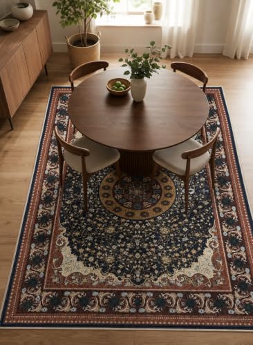 Image of CASA-NEST Velvet Touch Area Rug (4x6 ft), Ultra Soft Anti-Skid Backing, Washable Large Floor Carpet for Living Room - Royal Navy Medallion
