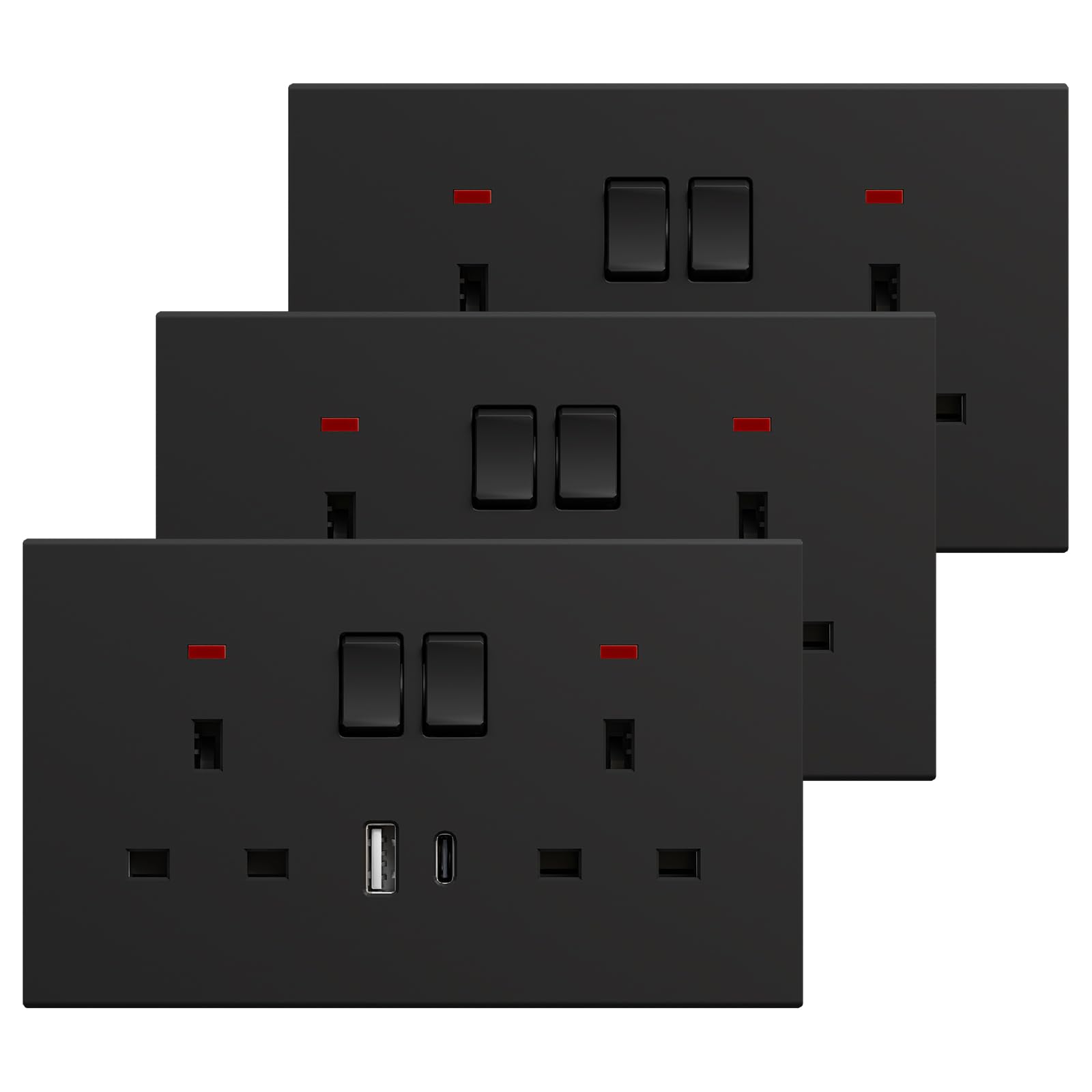 BSEED Double Socket with USB C 3 Pack, Electrical Double Switched Power Plug Wall Socket with LED Indicator, PC Wall Plate Outlet, Black, 13A