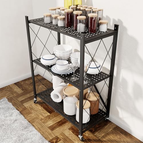 Image of 3 Tier Foldable Storage Shelf with Wheels Garage Shelving | Unit Loads 550 LBS, Metal Steel Collapsible Shelves, Rolling Standing Utility Rack for Kitchen, Pantry, Office, Black