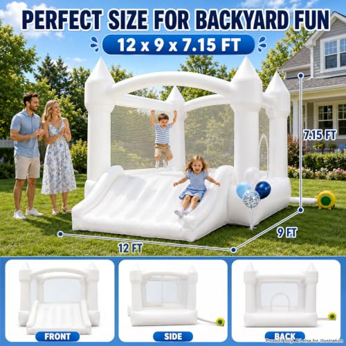 Image of AKSPORT White Bounce House for Kids, Inflatable Bounce House with Slide