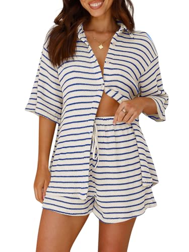 Image of Tankaneo Womens Striped 2 Piece Sets Short Sleeve Lounge Set | Button Down, Waffle Knit, Pajama Lounge Set, Summer Outfits