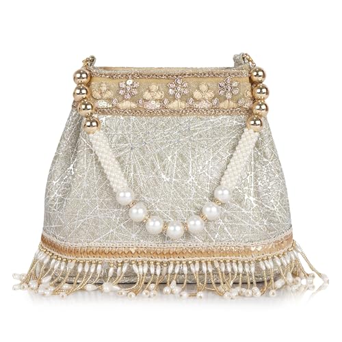 Image of Nevis PU Silk Fabric Women's Embellished Potli Bag with Pearl Handle & Fringe Detailing | Designe Wedding & Festive Handbag