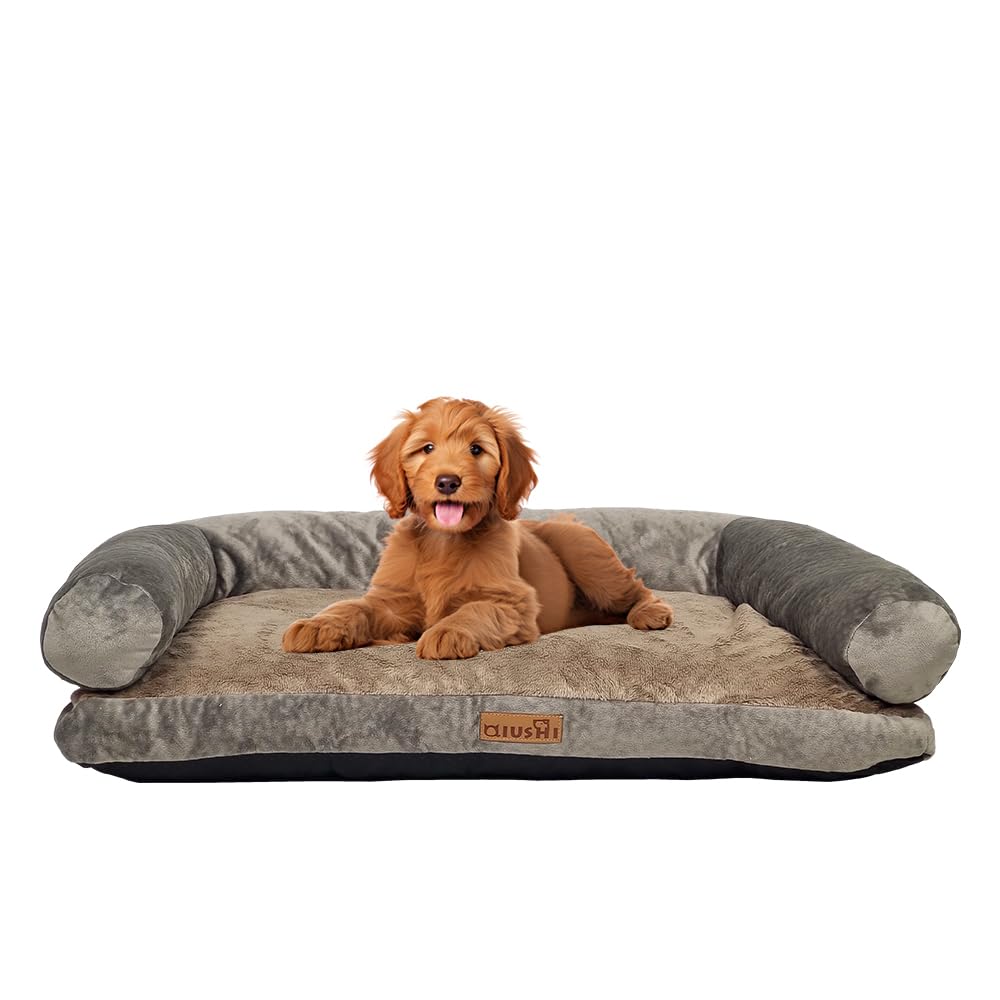 Orthopedic Dog Bed with U-Shaped Bolster, Pet Dog Cushion with Machine Washable Cover Nonskid Bottom | Suitable for Medium to Large Sized Pets, Soft & Comfortable (Khaki, 65 cm)