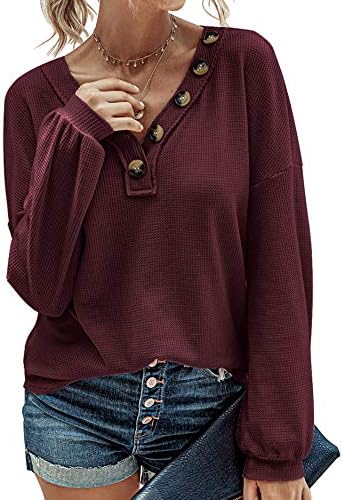 BTFBM Women Waffle Knit Shirts V Neck Long Sleeve Casual Christmas Loose Blouses Faux Button Lightweight Pullover Tops (Wine Red, Medium)