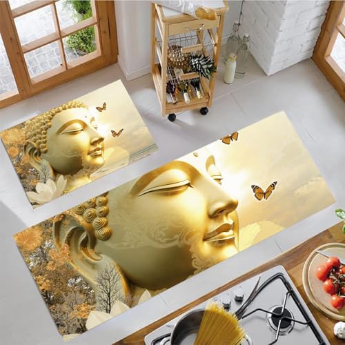 Surréalisme Tapis de Cuisine pour Plancher 2PCS, Anti-dérapant Lavable Tapis Sol Cuisine Motif Statues De Bouddha Papillons Arbres, pour Cuisine évier...