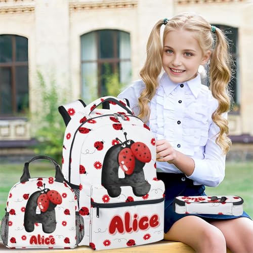 Custom School Backpack with Lunch Box Set for Kids, 3Pcs Ladybug Backpacks Matching Combo for Girls, Cute White Bookbag and Pencil Pouch Bundle3