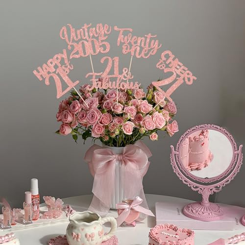 Image of 15 PCS 21st Birthday Centerpiece Sticks Twenty One Happy 21 Vintage 2005 Table Flower Centerpieces Sticks Cheers to 21 Fabulous Floral Decorations for 21st Birthday Party Supplies Rose Gold