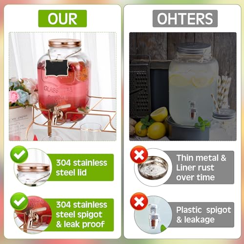 Image of Lallisa 2 Pcs 2 Gallon Glass Drink Dispenser with Stand Ice Cylinder Hanging Chalkboard Signs 18 /8 Stainless Steel Spigot Beverage Dispensers for Parties Mason Jar Drink Lemonade (Rose Gold)