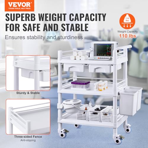 Vevor K-UT104A1 Medical Mobile Trolley Cart With 2 Drawers & 3 Trash Cans thumb #1