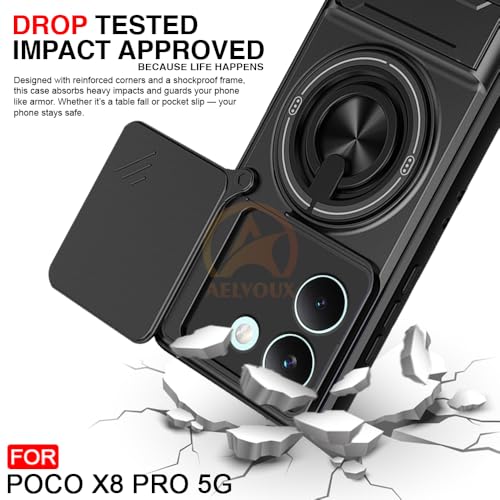 Image of Poco X8 Pro 5G Back Cover | Armor Camera Slider 360 Degree Rotating Finger Ring Holder Case with Bracket Stand Back Case Cover (Compatible with MagSafe Accessories) (Black)