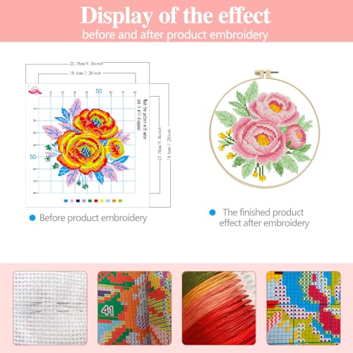 Image of Zhenqing Pink Peony Cross Stitch Kit for Beginners - Complete Set with Pre-Printed 11CT 24x24cm Fabric, Hoop & Threads(70357)